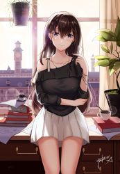 Rule 34 | 1girl, absurdres, arm across waist, artist name, black hair, black shirt, blue eyes, blush, book, book stack, bracelet, braid, breasts, clock, clock tower, collarbone, cup, day, desk, earrings, highres, ink, jewelry, lens flare, long hair, looking at viewer, medium breasts, mole, mole under eye, mug, necklace, off-shoulder shirt, off shoulder, original, plant, potted plant, shirt, skirt, sky, smile, solo, standing, thighs, tower, white skirt, white sky, window, yuber.x