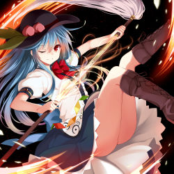 Rule 34 | 1girl, ;), absurdres, ass, bad id, bad pixiv id, blue hair, boots, bow, cross-laced footwear, dress, fiery tail, flat chest, food, fruit, glowing, glowing sword, glowing weapon, highres, hinanawi tenshi, knee boots, lace-up boots, layered dress, legs, long hair, looking at viewer, one eye closed, peach, puffy sleeves, red eyes, sheath, short sleeves, smile, solo, sword of hisou, tail, takehana note, touhou, unsheathing, very long hair, weapon