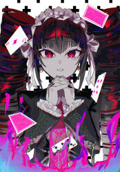 Rule 34 | 1girl, :d, black hair, black jacket, black nails, card, celestia ludenberg, danganronpa: trigger happy havoc, danganronpa (series), drill hair, earrings, fire, frilled jacket, frills, gothic lolita, hands up, headdress, highres, jacket, jewelry, kaiko (pixiv 42903528), lolita fashion, long sleeves, looking at viewer, nail polish, necktie, open mouth, own hands clasped, own hands together, pink fire, playing card, red eyes, red necktie, smile, solo, twin drills, white background