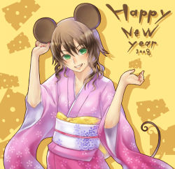 Rule 34 | 00s, 1girl, 2008, animal ears, brown hair, curly hair, green eyes, grin, hand on own ear, happy new year, japanese clothes, kimono, mole, mole under mouth, mouse ears, mouse tail, nail polish, new year, nidy, original, pink nails, smile, solo, tail, yellow background