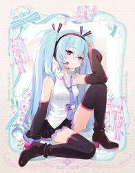 Rule 34 | alternate eye color, aqua hair, arm on knee, arm rest, bare shoulders, black legwear, black skirt, black sleeves, blue neckwear, boots, bubble, chibi, chibi inset, commentary, detached sleeves, flower, framed image, hair ornament, hatsune miku, headphones, headset, high heels, highres, knee up, long hair, lying, miniskirt, necktie, on stomach, outstretched arms, pleated skirt, purple eyes, shirt, sitting, skirt, sleeveless, sleeveless shirt, symbol in eye, thigh boots, thighhighs, twintails, uchako, very long hair, vocaloid, white flower, white shirt, yawning, zettai ryouiki