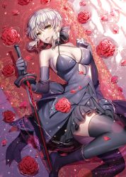 Rule 34 | 1girl, artoria pendragon (all), artoria pendragon (fate), black dress, black gloves, black thighhighs, blonde hair, braid, breasts, dress, elbow gloves, excalibur morgan (fate), fate/grand order, fate/stay night, fate (series), flower, french braid, frills, ganik (pisshine), gloves, gothic lolita, highres, holding, holding sword, holding weapon, lolita fashion, looking at viewer, medium breasts, parted lips, petals, red flower, red rose, ripples, rose, saber (fate), saber alter, sidelocks, smile, solo, sparkle, sword, thighhighs, thighs, water surface, weapon, yellow eyes