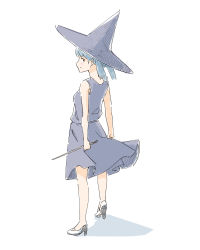 Rule 34 | 1girl, absurdres, blue hair, commentary, dress, full body, hat, high heels, highres, original, poranka (porankaran), sleeveless, sleeveless dress, solo, twintails, wand, white background, witch, witch hat
