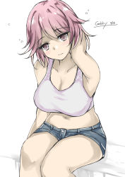 Rule 34 | 1girl, arm behind head, blush, breasts, cleavage, closed mouth, dated, denim, denim shorts, gakky, giuseppe garibaldi (kancolle), kantai collection, large breasts, looking at viewer, one-hour drawing challenge, pink eyes, pink hair, short hair, short shorts, shorts, signature, simple background, solo, sports bra, white background