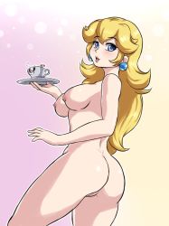 Rule 34 | 1girl, ass, blonde hair, blue eyes, blush, breasts, cowboy shot, cup, cuphead, cuphead (game), earrings, from behind, huge ass, jewelry, leonart, long hair, looking back, mario (series), medium breasts, nintendo, nipples, nude, open mouth, parted lips, plate, princess peach, pussy, solo, super mario bros. 1, thick thighs, thighs, uncensored, wide hips