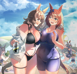 Rule 34 | 5girls, alcohol, animal ears, arm around shoulder, asymmetrical docking, bag, ball, bare legs, beach, beach towel, beach umbrella, beachball, beer can, bikini, black bikini, blue eyes, blue one-piece swimsuit, blue sky, braid, breast press, breasts, brown hair, can, cleavage, cloud, commentary request, covered navel, drink can, drunk, eating, food, front-tie top, fruit, grey hair, grin, hair ribbon, hairband, highleg, highleg bikini, highres, holding, holding can, horse ears, horse girl, horse tail, inari one (umamusume), jumping, large breasts, light hello (umamusume), long bangs, long hair, looking at another, multiple girls, navel, nervous, nervous smile, ocean, off shoulder, oguri cap (umamusume), one-piece swimsuit, open clothes, open shirt, outdoors, plastic bag, purple eyes, reihou19, ribbon, see-through, see-through shirt, shirt, signature, sitting, sky, smile, standing, super creek (umamusume), swimsuit, tail, tamamo cross (umamusume), thigh strap, towel, tracen swimsuit, umamusume, umbrella, wading, watermelon, white hair, white shirt