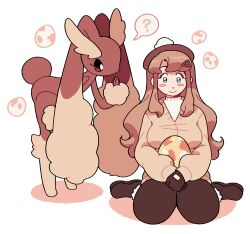Rule 34 | 1girl, ?, absurdres, black footwear, black gloves, black pants, blue eyes, blush, breasts, brown hair, brown headwear, brown theme, closed mouth, commentary, commission, creatures (company), egg, english commentary, full body, game freak, gen 4 pokemon, gloves, hair ornament, hat, highres, holding, holding egg, large breasts, long hair, long sleeves, looking at another, lopunny, magicact, nintendo, original, pants, pokemon, pokemon (creature), pokemon egg, simple background, sitting, smile, spoken question mark, standing, white background