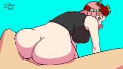 Rule 34 | 1boy, 1girl, animated, animated gif, aqua background, ass, bare shoulders, black shirt, boku no hero academia, bottomless, bouncing breasts, breasts, goggles, goggles on head, hatsume mei, hetero, huge ass, latenightsexycomics, looking back, medium hair, penis, pink hair, reverse cowgirl position, sex, sex from behind, shirt, straddling, symbol-shaped pupils, tank top, uncensored, yellow eyes