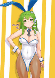 Rule 34 | 1girl, :&lt;, adapted costume, animal ears, bare shoulders, black necktie, bow, bowtie, breasts, brown pantyhose, cleavage, closed mouth, covered navel, cowboy shot, crossed bangs, dated, detached collar, fake animal ears, frog hair ornament, green eyes, green hair, hair ornament, hand on own hip, highres, kei jiei, kochiya sanae, large breasts, leotard, long hair, looking at viewer, medium bangs, necktie, pantyhose, playboy bunny, rabbit ears, sidelocks, single hair tube, snake hair ornament, solo, strapless, strapless leotard, striped background, touhou, white background, white leotard, wrist cuffs, yellow background
