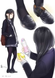 Rule 34 | 1girl, alternate costume, ama mitsuki, artist name, black pantyhose, blazer, character request, commentary, contemporary, dated, feet, food, from behind, from side, fruit, full body, hands in pockets, holding, holding food, holding fruit, jacket, lemon, loafers, looking to the side, miniskirt, multiple views, necktie, no shoes, original, pantyhose, pleated skirt, putting on shoes, school uniform, shoes, signature, simple background, single shoe, skirt, smell, standing