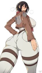 Rule 34 | 1girl, artist name, ass, black eyes, black hair, blush, breasts, from behind, hand on own hip, highres, huge ass, jacket, large breasts, looking back, mikasa ackerman, moochi lan, pants, pantylines, scarf, shingeki no kyojin, short hair, solo, thick thighs, thigh strap, thighs, tight clothes, tight pants, white background, white pants