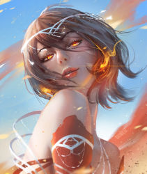 Rule 34 | 1girl, :d, artist name, bare shoulders, black hair, blue sky, day, earrings, fire, fire, from above, glowing, guweiz, hair between eyes, head tilt, headpiece, jewelry, lips, looking at viewer, looking down, open mouth, original, parted lips, ribbon, sky, smile, solo, tattoo, upper body, white ribbon, yellow eyes