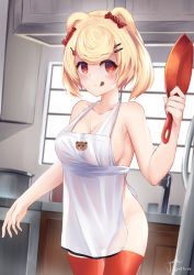Rule 34 | 1girl, :q, animal ears, animal print, apron, arknights, bare arms, bare shoulders, bear ears, bear print, blonde hair, blush, breasts, candy hair ornament, cleavage, collarbone, commentary, cowboy shot, dated, faucet, food-themed hair ornament, frying pan, gummy (arknights), hair ornament, hairclip, hand up, highres, holding, holding frying pan, indoors, large breasts, looking at viewer, naked apron, orange thighhighs, red eyes, short hair, signature, smile, solo, standing, thighhighs, tongue, tongue out, white apron, yatsucchie