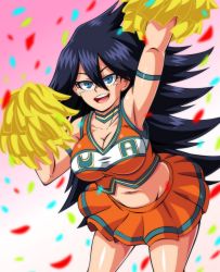 Rule 34 | 10s, 1girl, :d, alternate costume, arm up, armpits, black hair, blue eyes, blush, boku no hero academia, breasts, cheering, cheerleader, choker, cleavage, collarbone, confetti, cowboy shot, facing viewer, hair between eyes, hand up, happy, highres, holding, holding pom poms, large breasts, leaning forward, lewdamone, long hair, looking at viewer, messy hair, midnight (boku no hero academia), midriff, miniskirt, mole, mole under eye, navel, open mouth, pleated skirt, pom pom (cheerleading), pom poms, skirt, sleeveless, smile, solo, spiked hair, standing, tank top, teeth, tongue, upper teeth only, very long hair
