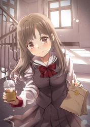 Rule 34 | 1girl, bag, black hair, blush, bow, bowtie, brown eyes, closed mouth, coffee, cup, disposable cup, drinking straw, grey skirt, grey vest, holding, holding bag, holding cup, ice, iced coffee, indoors, long hair, long sleeves, looking at viewer, original, paper bag, pleated skirt, railing, red bow, red bowtie, school uniform, serafuku, shirt, skirt, smile, solo, stairs, unya (unya-unya), upper body, vest, white shirt
