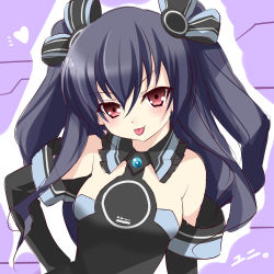 Rule 34 | 10s, 1girl, :p, alternate breast size, bare shoulders, black hair, blush, breasts, character name, elbow gloves, female focus, gloves, hair ornament, hair ribbon, hand on own hip, heart, long hair, medium breasts, neptune (series), red eyes, ribbon, solo, sys.ao, tongue, tongue out, twintails, two side up, uni (neptunia)