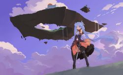 Rule 34 | 1girl, belt, black thighhighs, blue eyes, boots, clothing cutout, cloud, cloudy sky, dagger, dress, floating island, gunblade, highres, knee boots, knife, long hair, mof, mof&#039;s silver haired twintailed girl, navel, navel cutout, ribbon, sky, sleeveless, solo, standing, thighhighs, twintails, very long hair, weapon, white hair, wind