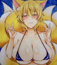 Rule 34 | 1girl, animal ear fluff, animal ears, bikini, blonde hair, blue background, blue bikini, blush, breasts, cleavage, closed mouth, collarbone, commentary request, double-parted bangs, double fox shadow puppet, fox ears, fox shadow puppet, fox tail, highres, large breasts, light smile, looking at viewer, multiple tails, narrowed eyes, short hair, skindentation, solo, swimsuit, tail, touhou, traditional media, upper body, washiwa, yakumo ran, yellow eyes