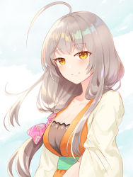 Rule 34 | 1girl, ahoge, breasts, cleavage, commentary request, day, dress, grey hair, kitami sawako, large breasts, long hair, low-tied long hair, mahjong soul, mito tsubaki, orange dress, smile, solo, upper body, yellow eyes