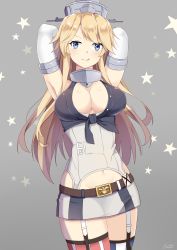Rule 34 | 10s, 1girl, 2016, :q, armpits, arms behind head, artist name, asymmetrical legwear, belt, belt buckle, blonde hair, blue eyes, blush, breasts, buckle, cleavage, clothes writing, cowboy shot, dated, elbow gloves, front-tie top, garter straps, gloves, grey background, headgear, highres, iowa (kancolle), kantai collection, kauru00, large breasts, licking lips, light smile, long hair, looking at viewer, microskirt, mismatched legwear, navel, signature, skirt, solo, star-shaped pupils, star (symbol), striped clothes, striped skirt, striped thighhighs, symbol-shaped pupils, thighhighs, tongue, tongue out, vertical-striped clothes, vertical-striped skirt, vertical-striped thighhighs, white gloves