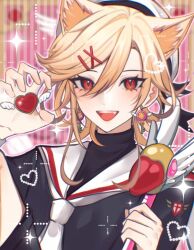 Rule 34 | 1boy, :d, animal ears, black shirt, black shorts, blonde hair, blush, cardcaptor sakura, cat ears, commentary, cosplay, earrings, eyelashes, fang, fuuin no tsue, genshin impact, hair between eyes, hair ornament, hairclip, hands up, hat, heart, holding, holding staff, hoshi no tsue, jewelry, kaveh (genshin impact), kinomoto sakura, kinomoto sakura (cosplay), long hair, looking at viewer, male focus, neckerchief, open mouth, parted bangs, pink background, red eyes, sailor collar, sailor hat, school uniform, serafuku, shirt, shorts, sidelocks, simple background, smile, solo, sparkle, staff, striped, striped background, teeth, tomoeda elementary school uniform, turtleneck, undershirt, upper body, upper teeth only, white hat, white neckerchief, white sailor collar, x hair ornament, xiaoquantaohua