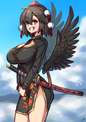 Rule 34 | 1girl, absurdres, alternate costume, bird wings, black hair, black wings, blue sky, breasts, china dress, chinese clothes, cleavage, cloud, dress, grin, hat, highres, katana, large breasts, leaf print, long sleeves, looking at viewer, maple leaf print, nikuatsu magician shinbo, outdoors, pom pom (clothes), red eyes, red hat, shameimaru aya, sheath, sheathed, short hair, signature, sky, smile, solo, standing, sword, tokin hat, touhou, v arms, weapon, wings