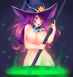 Rule 34 | absurdres, alternate costume, blue eyes, breasts, cauldron, frostbaaite, gem, halloween costume, hat, highres, hip bones, inverted nipples, jack-o&#039;-lantern, large breasts, league of legends, nami (league of legends), nipples, nude, pumpkin, purple hair, solo, stirring, surprised, thick thighs, thighs, witch, witch hat
