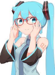 Rule 34 | 1girl, abmayo, adjusting eyewear, aqua eyes, aqua hair, aqua necktie, bare shoulders, bespectacled, closed mouth, commentary request, detached sleeves, dot nose, glasses, grey shirt, hair ornament, hands up, hatsune miku, long hair, long sleeves, looking at viewer, necktie, red-framed eyewear, shirt, shoulder tattoo, simple background, sleeveless, sleeveless shirt, smile, solo, tattoo, thighhighs, twintails, upper body, very long hair, vocaloid, white background