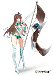 Rule 34 | 1girl, alternate color, arm up, bai winchester, bare shoulders, belt, boots, breasts, brown hair, cleavage, closed mouth, closers, crop top, cropped vest, detached collar, elbow gloves, flag, full body, gloves, hair ribbon, hairband, heterochromia, high heel boots, high heels, highres, holding, large breasts, long hair, looking at viewer, micro shorts, midriff, navel, necktie, non-web source, official art, open clothes, open vest, purple eyes, race queen, red eyes, ribbon, shirt, short necktie, short shorts, shorts, sleeveless, sleeveless shirt, smile, solo, standing, stomach, thigh boots, thighhighs, thighs, vest, white footwear, white gloves