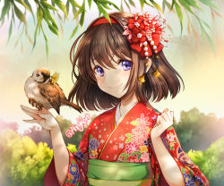 Rule 34 | 1girl, ahngkeut, bird, bird on hand, blush, brown hair, day, floral print, flower, hair flower, hair ornament, hairband, hands up, japanese clothes, kimono, obi, outdoors, plant, print kimono, purple eyes, red flower, red hairband, red kimono, sash, short hair, sleeves past elbows, solo, sparrow, talons, tree, twitter username, upper body, wide sleeves, yellow flower