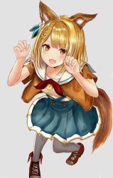 Rule 34 | 1girl, :d, animal ears, arms up, blonde hair, blue skirt, blush, braid, brown jacket, claw pose, collarbone, commentary request, dog ears, dog girl, dog tail, efuri (riarea00), fang, fingernails, granblue fantasy, grey background, grey pantyhose, high-waist skirt, highres, jacket, looking at viewer, open clothes, open jacket, open mouth, pantyhose, pleated skirt, red eyes, red footwear, sailor collar, shirt, shoes, short sleeves, simple background, skirt, smile, solo, tail, v-shaped eyebrows, vajra (granblue fantasy), white sailor collar, white shirt