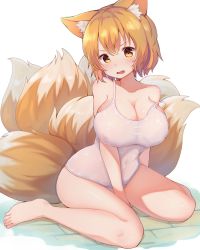 Rule 34 | 1girl, alternate costume, animal ears, bare legs, bare shoulders, barefoot, blonde hair, blush, breasts, cleavage, collarbone, covered erect nipples, covered navel, fox ears, fox tail, full body, head tilt, highres, large breasts, looking at viewer, mamemochi, multiple tails, on floor, one-piece swimsuit, open mouth, parted bangs, scowl, short hair, simple background, sitting, skin tight, solo, strap slip, swimsuit, tail, touhou, v-shaped eyebrows, wavy mouth, white background, white one-piece swimsuit, yakumo ran, yellow eyes
