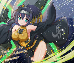 Rule 34 | 1girl, bare shoulders, black gloves, black hair, blonde hair, breasts, colored tips, duel monster, forehead protector, fuuma shuriken, gloves, green eyes, haori, highres, holding, holding shuriken, holding weapon, japanese clothes, large breasts, long sleeves, milestone celebration, multicolored hair, s-force rappa chiyomaru, shuriken, solo, thighhighs, usuba kagerou, weapon, wide sleeves, yu-gi-oh!