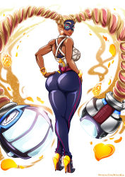 Rule 34 | 1girl, arms (game), ass, back, bare shoulders, black pants, blonde hair, boxing gloves, breasts, crossed legs, dark skin, dark-skinned female, domino mask, drill hair, eyelashes, from behind, full body, green eyes, hand on own hip, high heels, highres, hip focus, huge ass, kogeikun, large breasts, crossed legs, lipstick, long hair, makeup, mask, multicolored hair, pants, pink hair, smile, solo, tight clothes, tight pants, twintails, twintelle (arms), two-tone hair, very long hair, watermark, watson cross, web address, wide hips, zipper