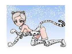 1girl alternate_costume animal_ears animal_hands animal_print ari_(girls_und_panzer) breasts brown_eyes detached_collar girls_und_panzer gloves hairband leopard_ears leopard_print leotard paw_gloves paw_socks print_leotard short_hair snowing socks tail takahashi_kurage thighhighs very_short_hair white_gloves white_hair white_socks