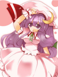 Rule 34 | 1girl, breasts, cosplay, crescent, female focus, hat, long hair, moon, patchouli knowledge, purple eyes, purple hair, remilia scarlet, remilia scarlet (cosplay), shirogane (platinum), skirt, solo, touhou, white background, wrist cuffs