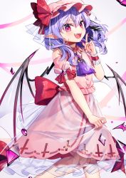 Rule 34 | 1girl, :d, ascot, bat wings, fangs, gunjou row, hat, highres, index finger raised, long hair, looking at viewer, mob cap, nail polish, open mouth, pink hat, pink skirt, pointy ears, purple ascot, purple hair, red eyes, red nails, remilia scarlet, see-through, see-through skirt, short sleeves, skirt, slit pupils, smile, solo, teeth, touhou, wings, wrist cuffs