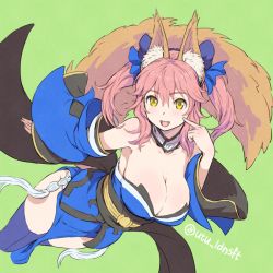 Rule 34 | 10s, 1girl, animal ears, bare shoulders, blue legwear, blush, breasts, cleavage, detached sleeves, fang, fate/extra, fate/grand order, fate (series), fox ears, fox tail, hair ribbon, japanese clothes, large breasts, long hair, looking at viewer, open mouth, pink hair, ribbon, smile, solo, tail, tamamo no mae (fate/extra), utu (ldnsft), yellow eyes
