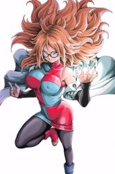 Rule 34 | 1girl, android 21, ankle boots, black-framed eyewear, black gloves, black nails, black pantyhose, blue dress, blue footwear, boots, breasts, checkered clothes, checkered dress, covered erect nipples, dragon ball, dragon ball fighterz, dress, earrings, elbow gloves, energy ball, eyelashes, fingernails, floating hair, foot out of frame, glasses, gloves, glowing, grey eyes, hands up, high collar, hoop earrings, impossible clothes, jewelry, lab coat, large breasts, leg up, long hair, looking at viewer, nail polish, pantyhose, red dress, red footwear, red hair, short dress, simple background, sleeveless, sleeveless dress, smile, solo, tareme, teeth, two-tone dress, white background, young jijii