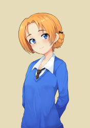 Rule 34 | 10s, 1girl, absurdres, arms behind back, black bow, black necktie, blue eyes, blue sweater, bow, braid, brown background, closed mouth, dress shirt, girls und panzer, hair bow, highres, light smile, long sleeves, looking at viewer, looking back, necktie, no emblem, orange hair, orange pekoe (girls und panzer), saiyan 222, school uniform, shirt, short hair, simple background, solo, st. gloriana&#039;s school uniform, standing, sweater, twin braids, upper body, v-neck, white shirt