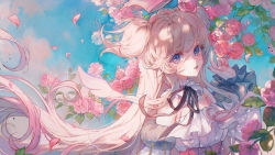 Rule 34 | 1girl, amamori naco, angel, angel wings, blanche fleur, blue eyes, crown, dress, flower, highres, looking at viewer, maccha (mochancc), mini crown, open mouth, rose, sleeveless, sleeveless dress, solo, two side up, virtual youtuber, wings