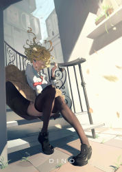 Rule 34 | 1girl, absurdres, ass, black footwear, blonde hair, blue eyes, blush, brown skirt, city, clothes lift, collared shirt, commentary, day, dino (dinoartforame), embarrassed, english commentary, falling leaves, gawr gura, highres, holding, holding smoking pipe, hololive, hololive english, huge filesize, leaf, necktie, no panties, one eye closed, outdoors, plaid, plaid skirt, plant, potted plant, railing, red necktie, scenery, shirt, short hair, sitting, sitting on stairs, skirt, skirt lift, smoking pipe, solo, stairs, sunlight, surprised, thighs, virtual youtuber, watson amelia, watson amelia (1st costume), white legwear, white shirt, wind, wind lift