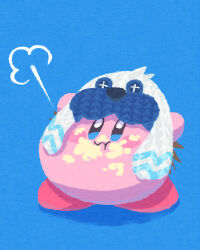 Rule 34 | :t, blue background, blue eyes, blush stickers, commentary request, copy ability, food, food on face, frosty ice kirby, hat, highres, kirby, kirby (series), miclot, nintendo, no humans, pink footwear, shoes, simple background, white headwear