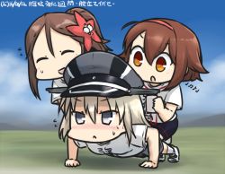 Rule 34 | 3girls, :&lt;, :d, ^ ^, ahoge, all fours, alternate costume, amagi (kancolle), beamed eighth notes, bismarck (kancolle), blush, brown eyes, brown hair, cable, cellphone, closed mouth, commentary request, dated, earphones, eighth note, exercising, closed eyes, flying sweatdrops, hair ornament, half note, hamu koutarou, holding, kantai collection, long hair, multiple girls, musical note, open mouth, phone, ponytail, push-ups, quarter note, riding, shiratsuyu (kancolle), shirt, short hair, grey eyes, silver hair, sketch, smartphone, smile, sportswear, sweat, t-shirt, v-shaped eyebrows