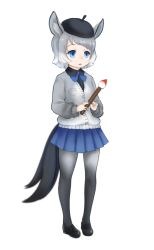 Rule 34 | 10s, 1girl, animal ear fluff, animal ears, blue eyes, bow, bowtie, grey hair, hat, horse girl, ise (0425), kemono friends, open mouth, paintbrush, pantyhose, solo, tail, tarpan (kemono friends), thighhighs, white background
