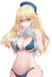 Rule 34 | 10s, 1girl, alternate costume, aqua eyes, atago (kancolle), bikini, blonde hair, blue bikini, blush, breast poke, breasts, cleavage, clothes in mouth, clothes lift, cowboy shot, hat, highres, jewelry, kantai collection, large breasts, long hair, looking at viewer, mouth hold, navel, pointing, pointing at self, poking, ring, shirt in mouth, shirt lift, solo, stomach, swimsuit, urigarasu, v, wedding band, white background
