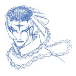 Rule 34 | 1boy, blue theme, cropped shoulders, expressionless, hair slicked back, head scarf, headband, jewelry, looking at viewer, male focus, monochrome, necklace, one piece, pell, robe, sanpaku, serious, short hair, simple background, solo, td falcon, tsurime, wind