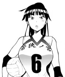 Rule 34 | 1girl, breasts, ebino mei, hatsukoi zombie, large breasts, long hair, lowres, monochrome, official art, ponytail, shirt, sleeveless, sleeveless shirt, sportswear, thick eyebrows, volleyball uniform