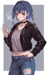 Rule 34 | 1girl, absurdres, black choker, blue eyes, blue hair, choker, cigarette, commentary, contemporary, denim, ear piercing, grey background, grey shirt, hand on own hip, highres, hitozche, holding, holding cigarette, hololive, hololive english, jacket, jeans, leather, leather jacket, navel, o-ring, o-ring choker, ouro kronii, outside border, pants, piercing, shirt, smoke, smoke trail, smoking, solo, standing, torn clothes, torn pants, virtual youtuber