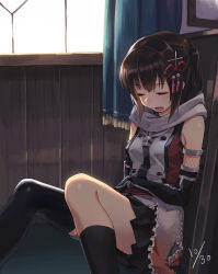 Rule 34 | 1girl, asymmetrical legwear, black gloves, black skirt, black thighhighs, breasts, brown hair, buttons, closed eyes, double-breasted, elbow gloves, fingerless gloves, gloves, hair ornament, highres, indoors, kantai collection, mismatched legwear, neckerchief, pleated skirt, scarf, school uniform, sendai (kancolle), sendai kai ni (kancolle), serafuku, single thighhigh, sitting, skirt, sleeveless, small breasts, solo, thighhighs, tugo, two side up, white scarf, window